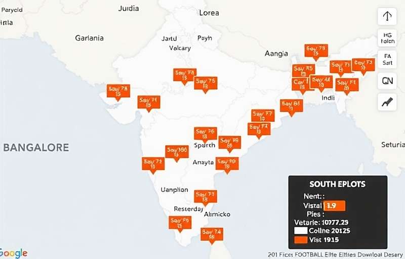 Bangalore Football Elite Reach in India Map of India showing Bangalore Football Elite download hotspots with highest concentration in Bangalore and South India